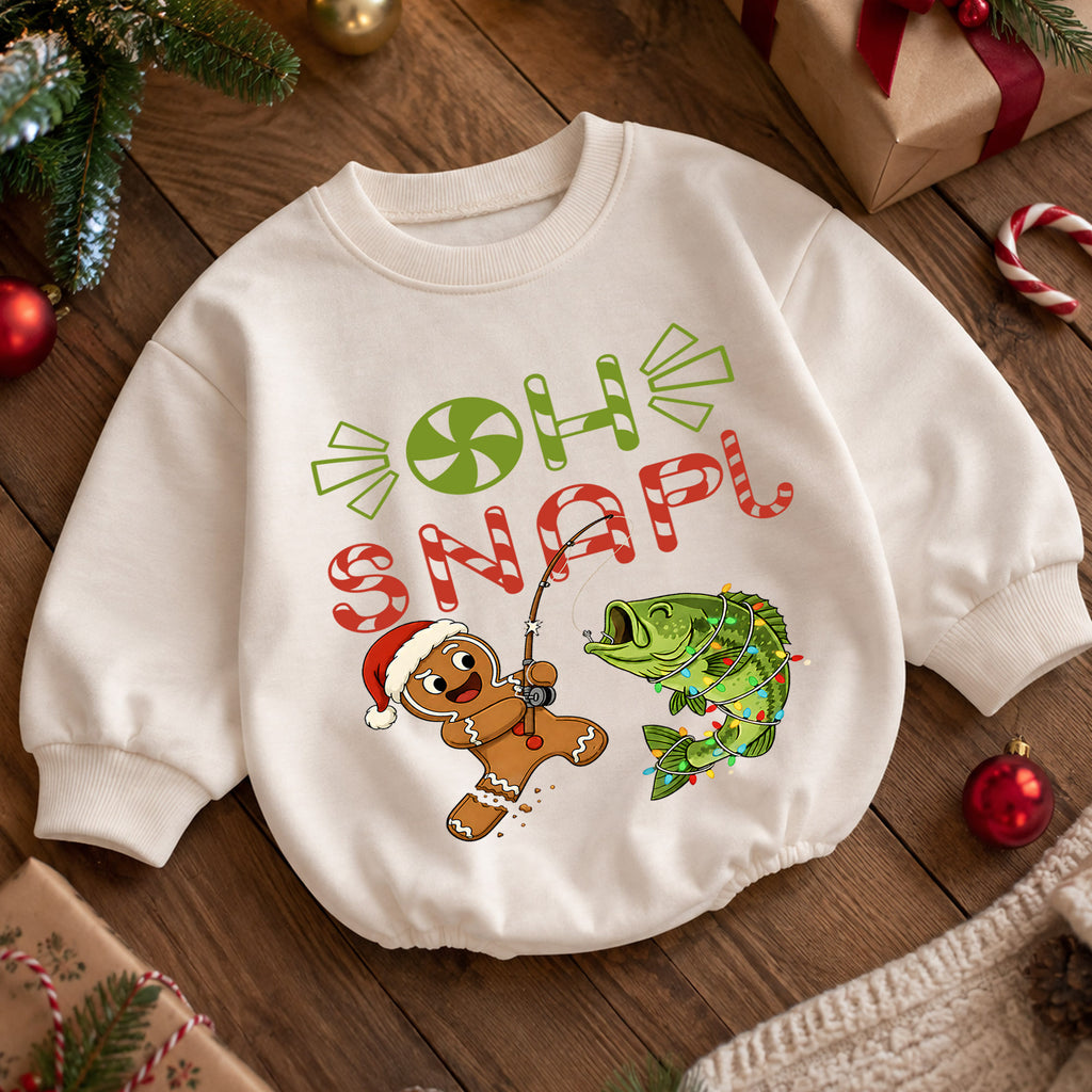 Oh Snap Fishing Christmas Baby Romper, Gingerbread Fisher Baby Romper, Toddler Fishing Holiday Outfit, Xmas Gift — product view 5
