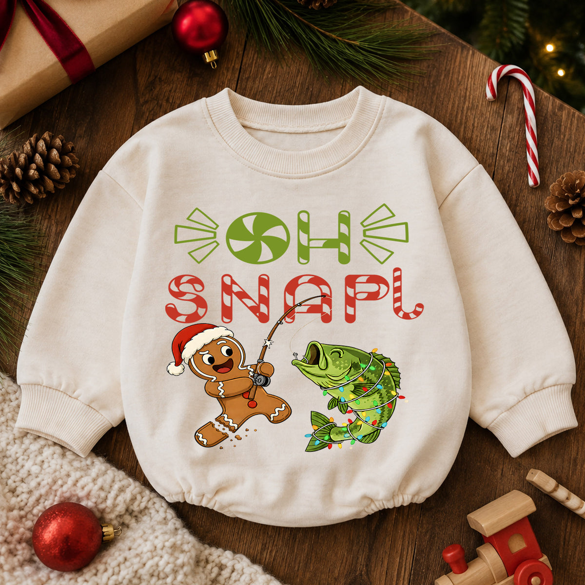 Oh Snap Fishing Christmas Baby Romper, Gingerbread Fisher Baby Romper, Toddler Fishing Holiday Outfit, Xmas Gift — product view 6