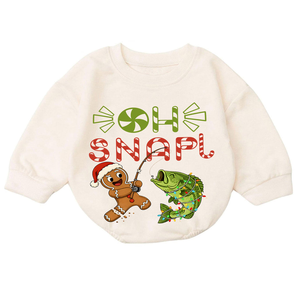 Oh Snap Fishing Christmas Baby Romper, Gingerbread Fisher Baby Romper, Toddler Fishing Holiday Outfit, Xmas Gift — product view 7