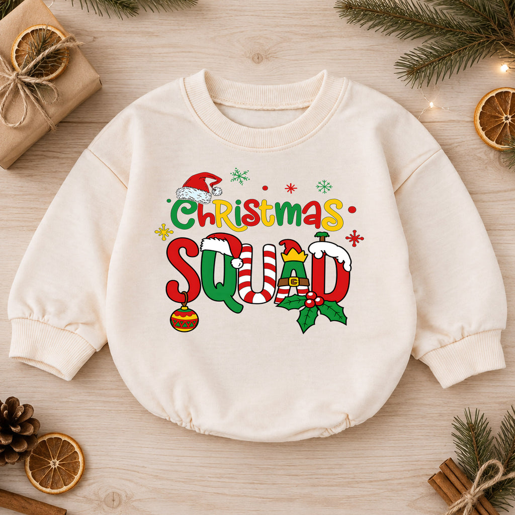 Christmas Squad Baby Romper, Cute Elf Holiday Outfit, Festive Toddler Romper, Funny Xmas Gift for Baby 1st Christmas Party — product view 1