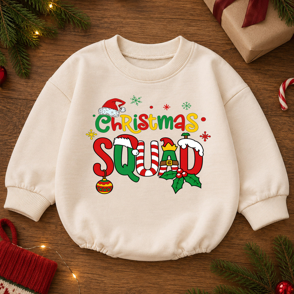Christmas Squad Baby Romper, Cute Elf Holiday Outfit, Festive Toddler Romper, Funny Xmas Gift for Baby 1st Christmas Party — product view 2
