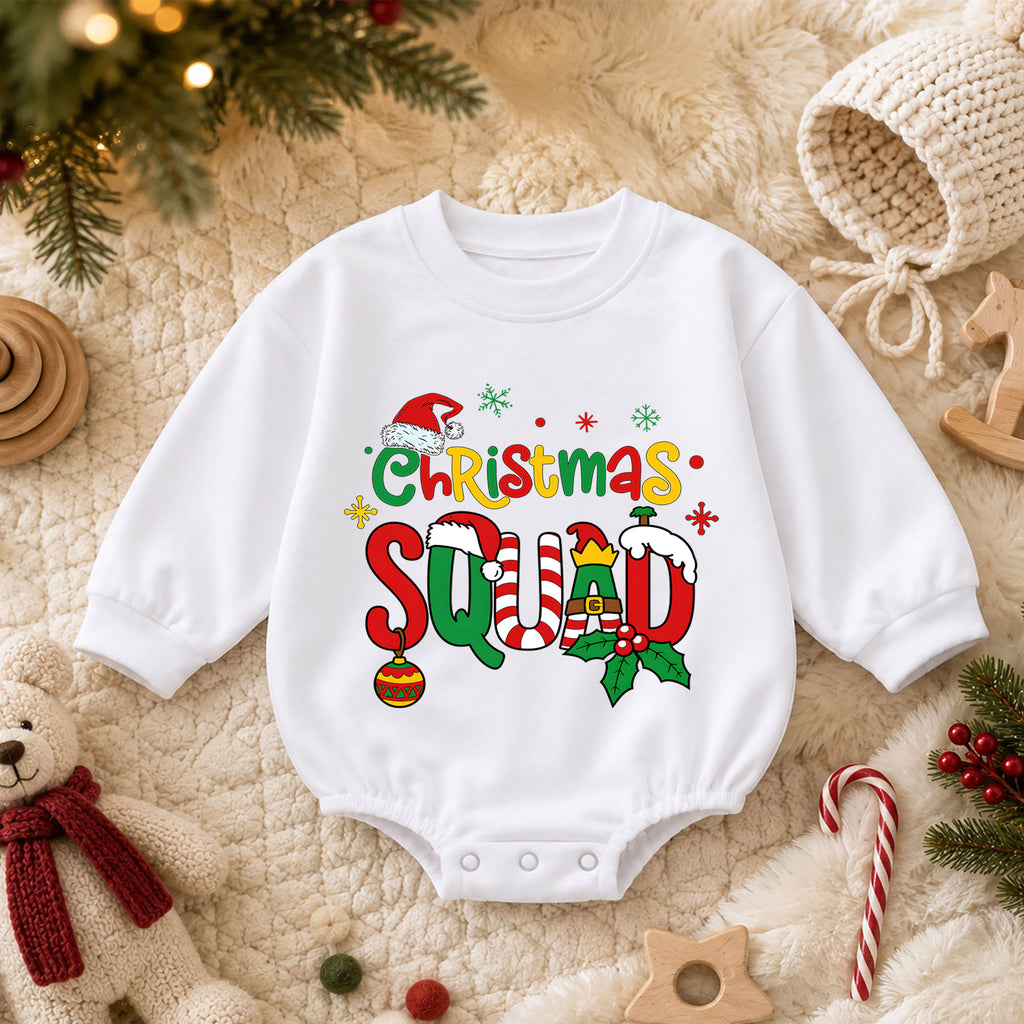 Christmas Squad Baby Romper, Cute Elf Holiday Outfit, Festive Toddler Romper, Funny Xmas Gift for Baby 1st Christmas Party — product view 3