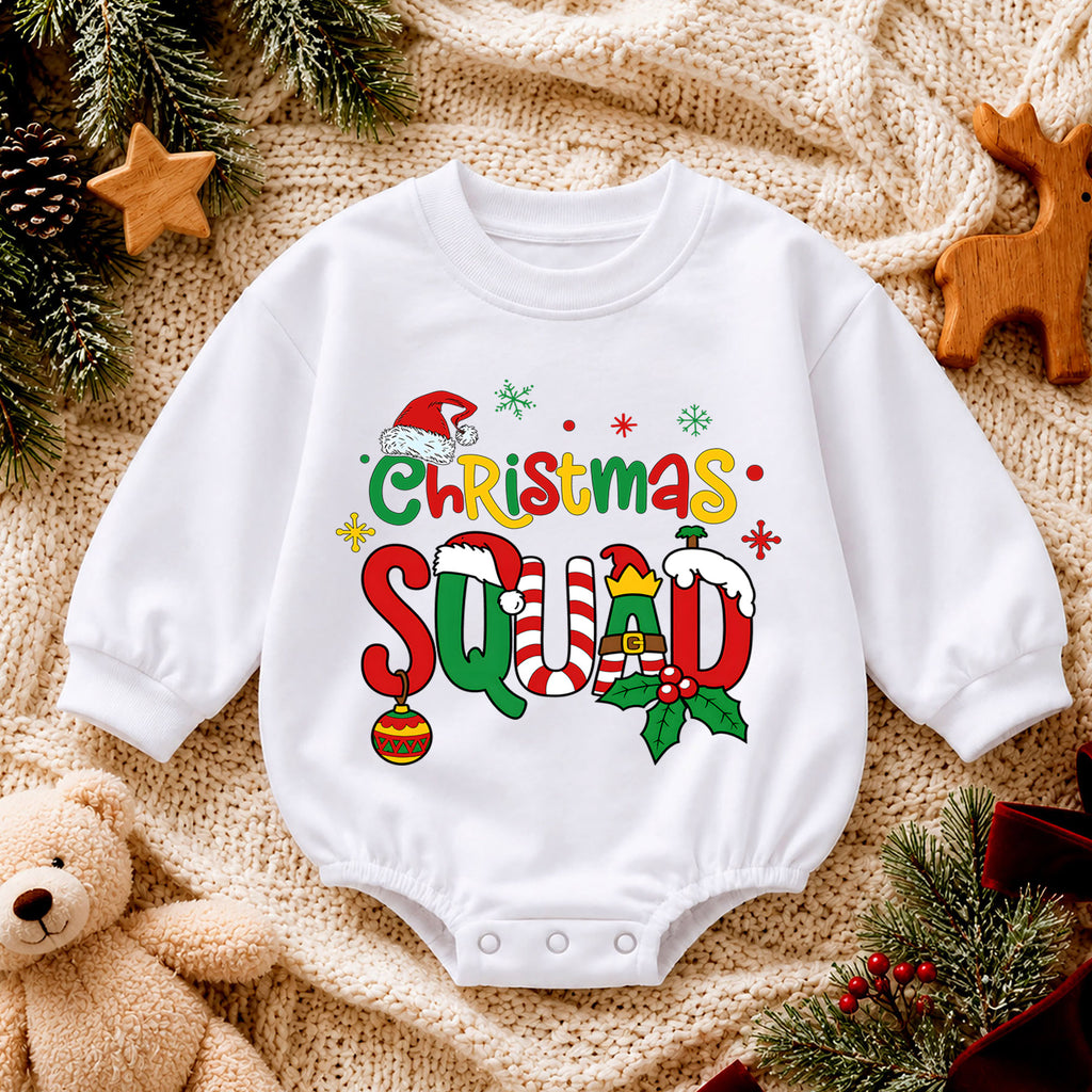 Christmas Squad Baby Romper, Cute Elf Holiday Outfit, Festive Toddler Romper, Funny Xmas Gift for Baby 1st Christmas Party — product view 4