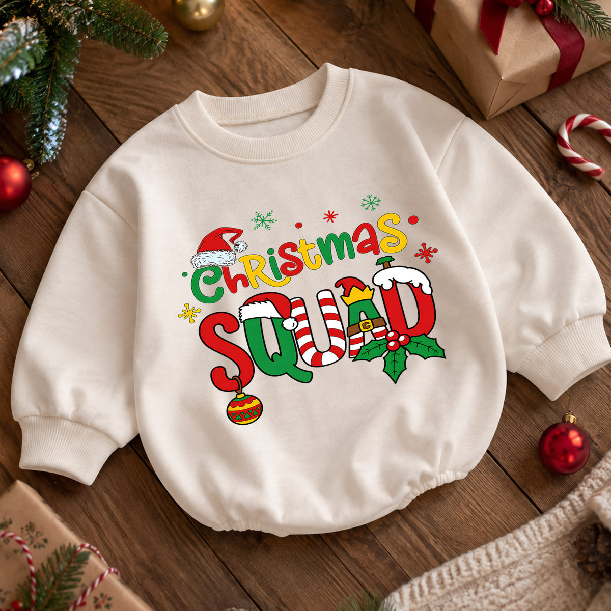 Christmas Squad Baby Romper, Cute Elf Holiday Outfit, Festive Toddler Romper, Funny Xmas Gift for Baby 1st Christmas Party — product view 5