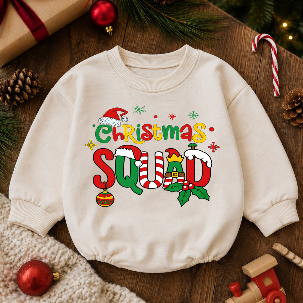 Christmas Squad Baby Romper, Cute Elf Holiday Outfit, Festive Toddler Romper, Funny Xmas Gift for Baby 1st Christmas Party — product view 6
