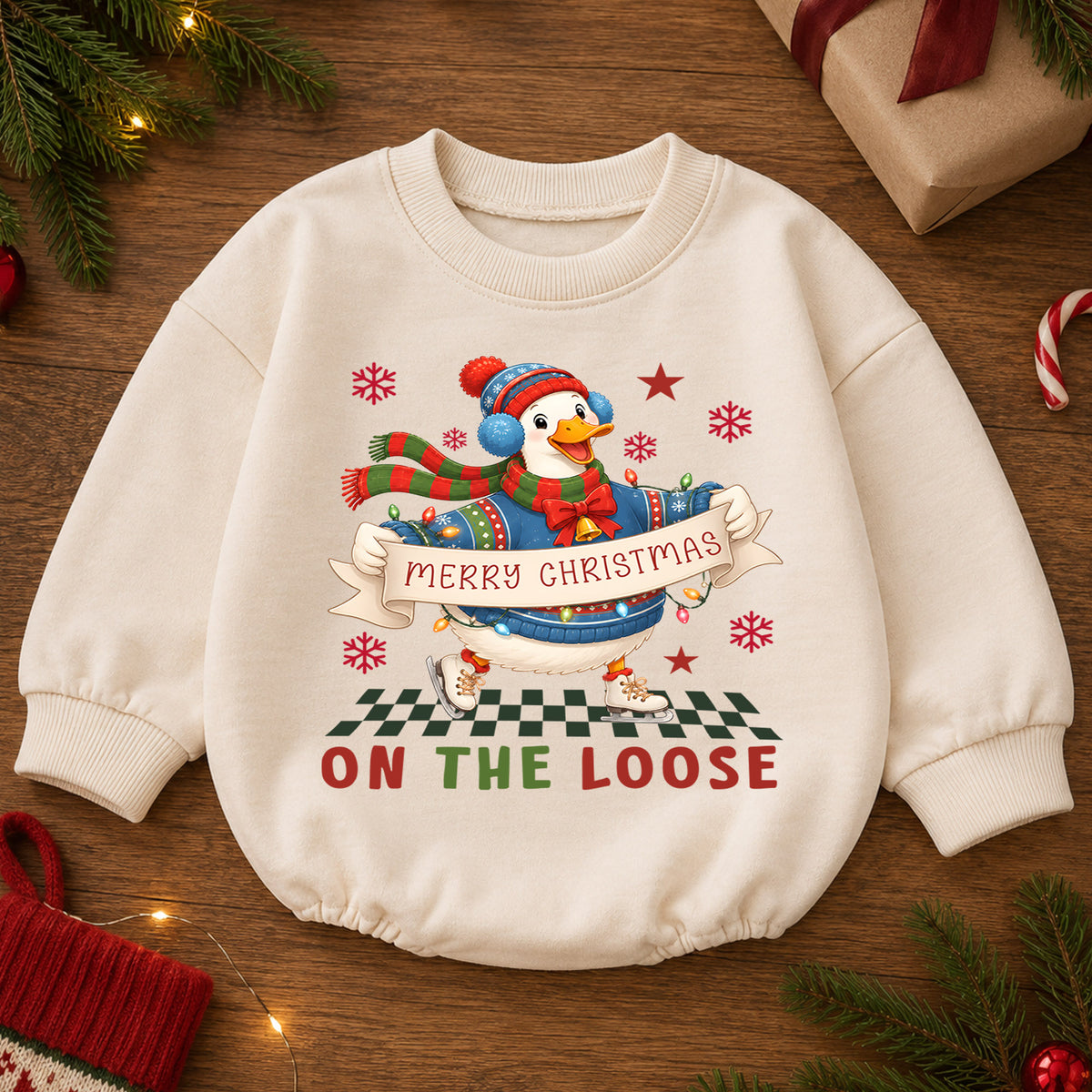 Merry Christmas Goose Baby Romper, Festive Goose on the Loose Outfit, Funny Holiday Romper, Toddler 1st Christmas Gift — product view 2