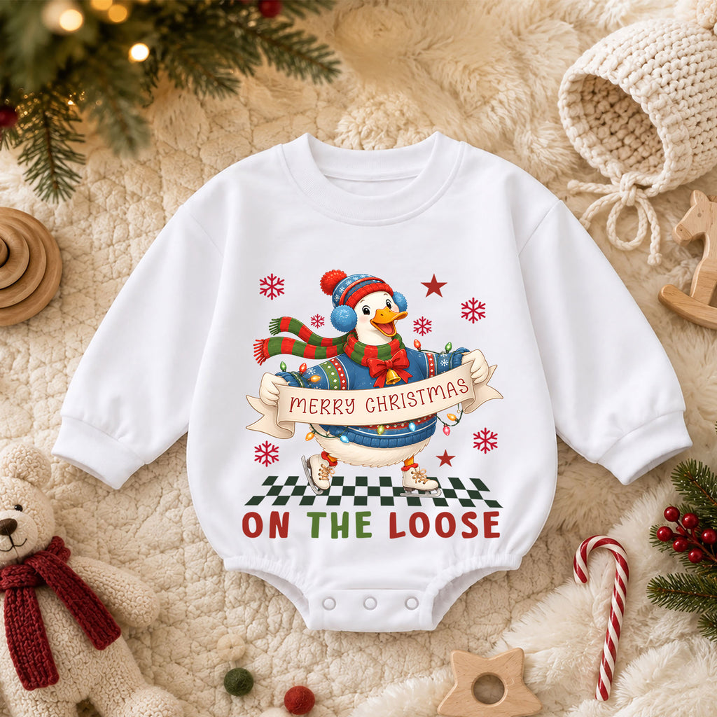 Merry Christmas Goose Baby Romper, Festive Goose on the Loose Outfit, Funny Holiday Romper, Toddler 1st Christmas Gift — product view 3