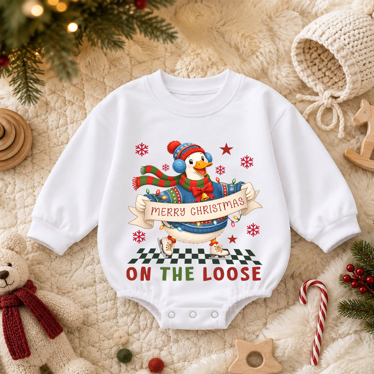 Merry Christmas Goose Baby Romper, Festive Goose on the Loose Outfit, Funny Holiday Romper, Toddler 1st Christmas Gift — product view 3