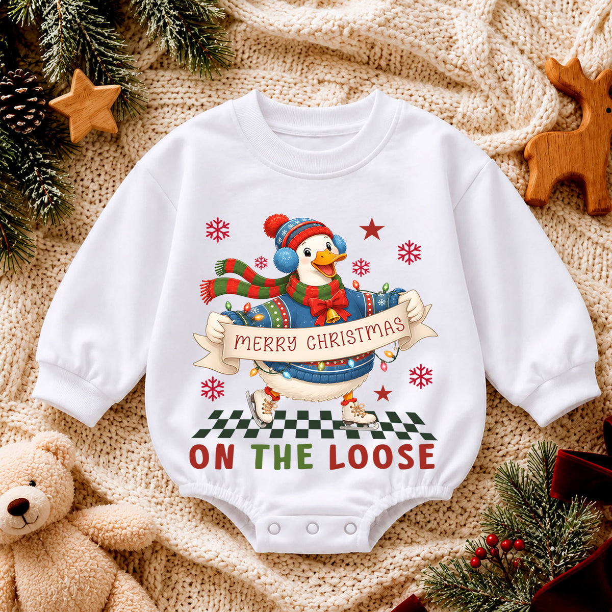 Merry Christmas Goose Baby Romper, Festive Goose on the Loose Outfit, Funny Holiday Romper, Toddler 1st Christmas Gift — product view 4