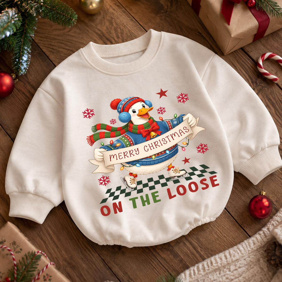 Merry Christmas Goose Baby Romper, Festive Goose on the Loose Outfit, Funny Holiday Romper, Toddler 1st Christmas Gift — product view 5