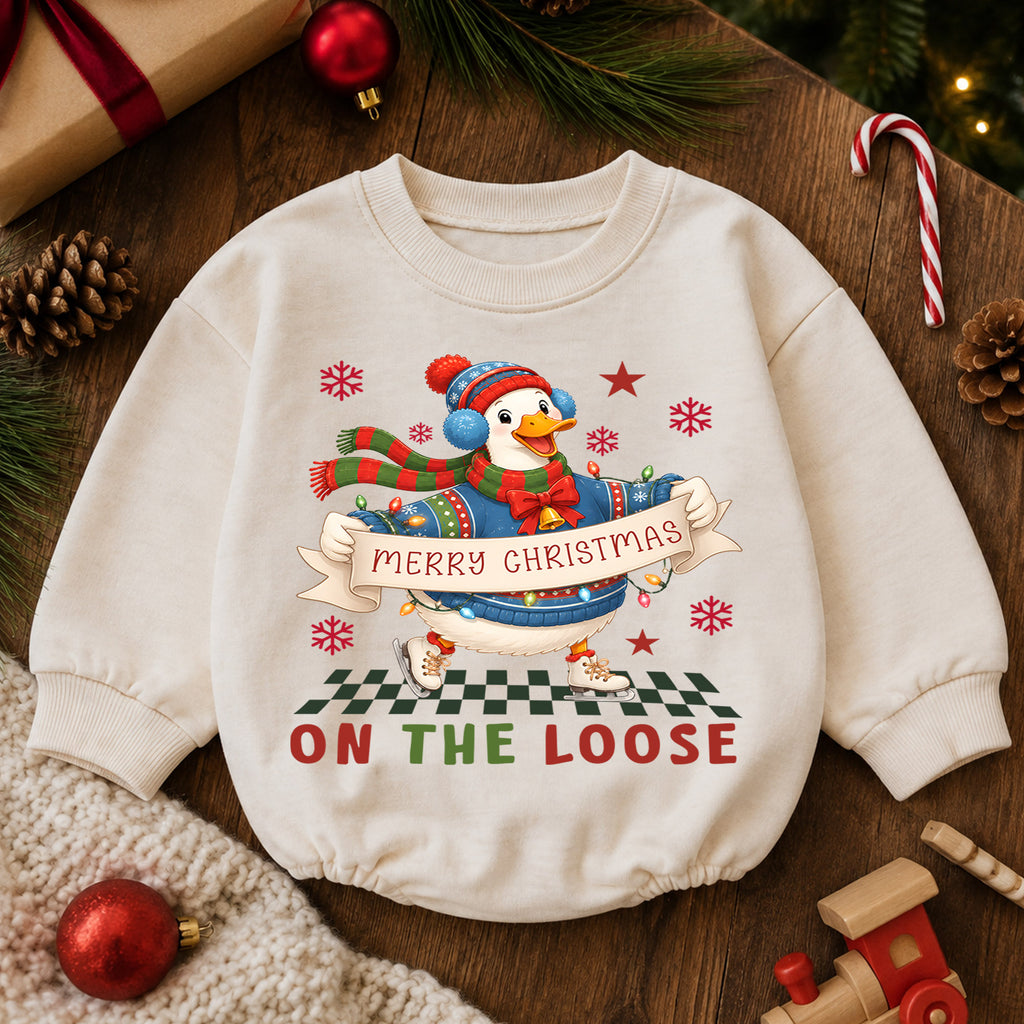 Merry Christmas Goose Baby Romper, Festive Goose on the Loose Outfit, Funny Holiday Romper, Toddler 1st Christmas Gift — product view 6