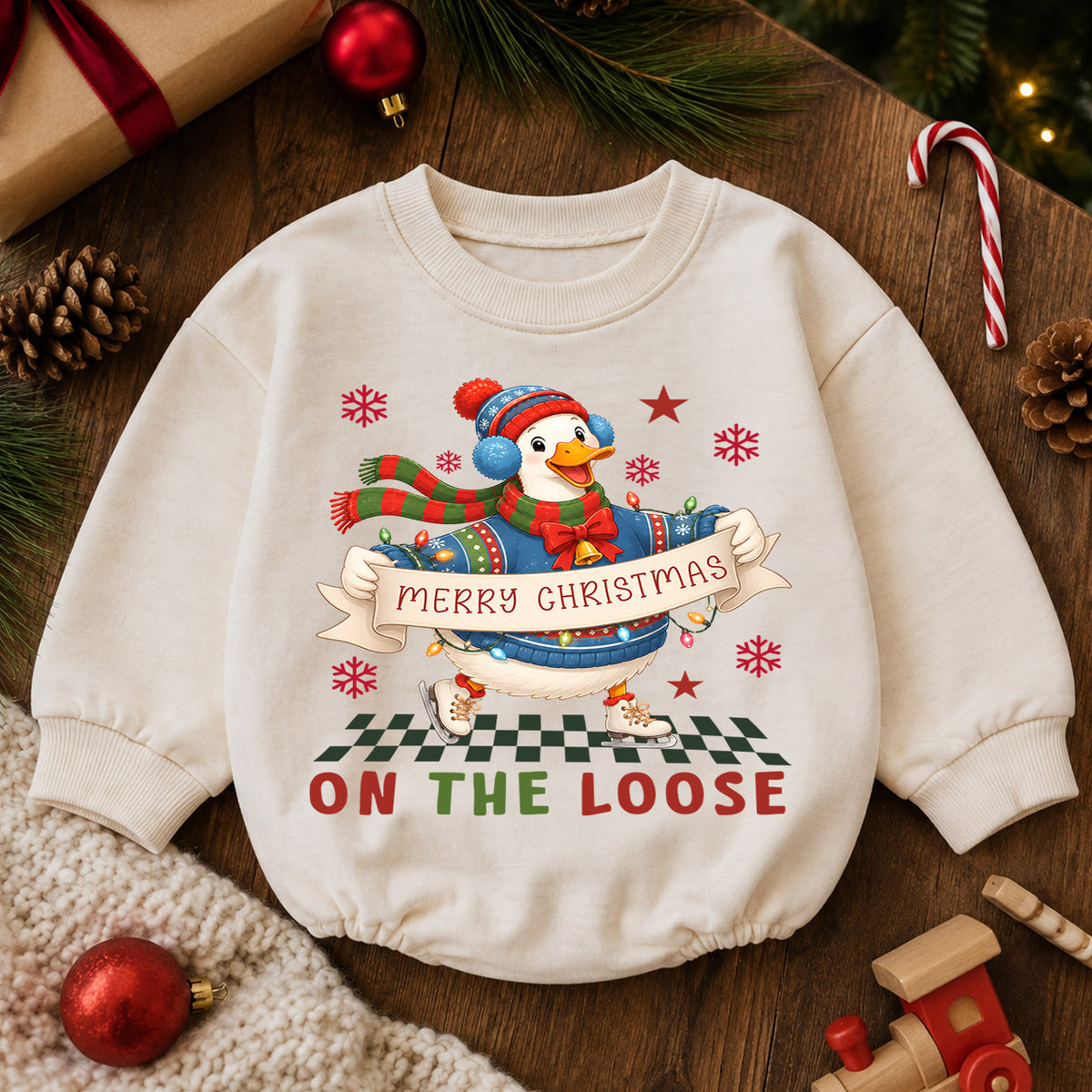 Merry Christmas Goose Baby Romper, Festive Goose on the Loose Outfit, Funny Holiday Romper, Toddler 1st Christmas Gift — product view 6