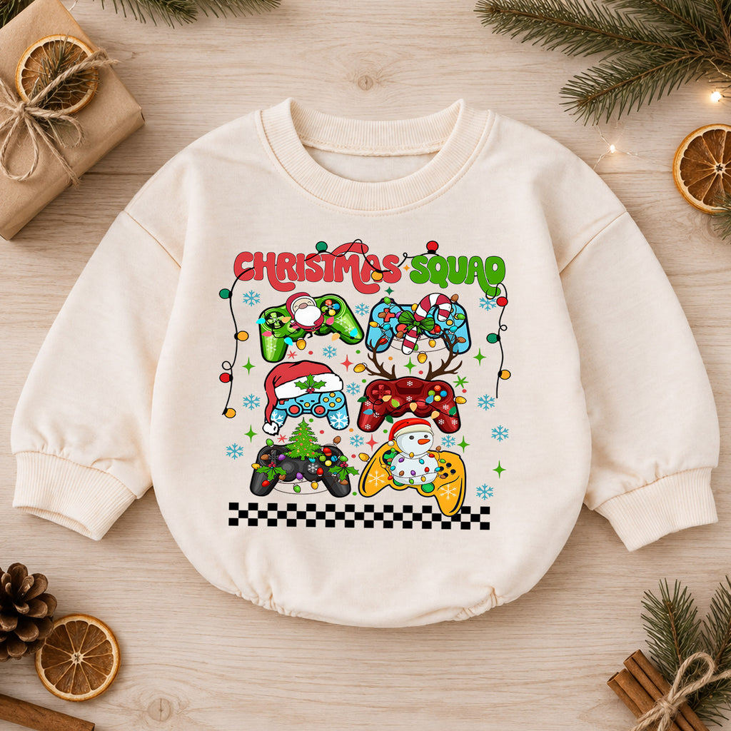 Christmas Squad Baby Romper, Gamer Holiday Outfit, Festive Controller Romper, Toddler Xmas Gift for Baby 1st Christmas — product view 1