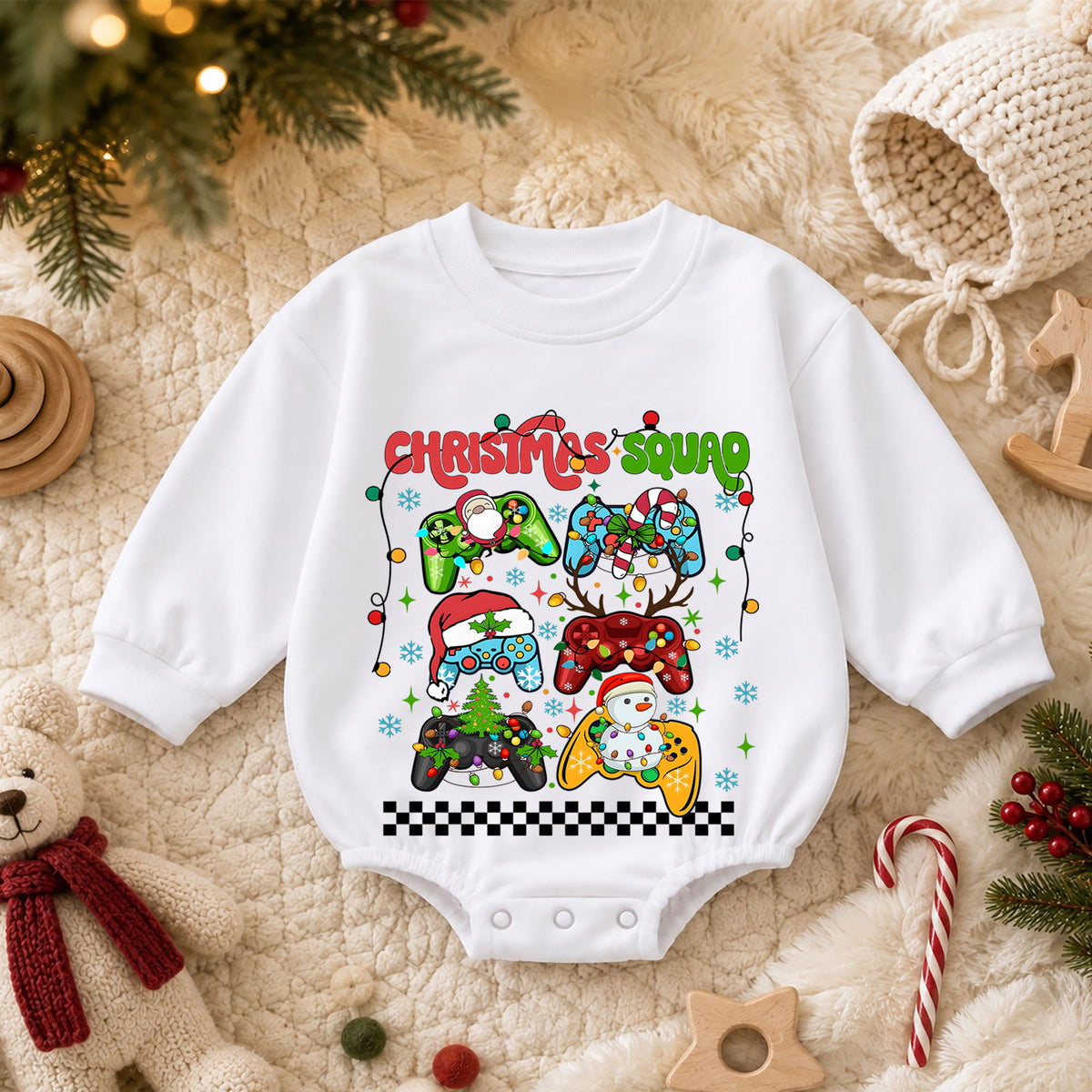 Christmas Squad Baby Romper, Gamer Holiday Outfit, Festive Controller Romper, Toddler Xmas Gift for Baby 1st Christmas — product view 3