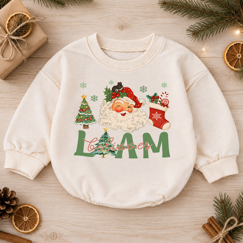 Believe in Santa Christmas Baby Romper, Vintage Santa Baby Holiday Romper, Toddler Christmas Outfit, Cute Xmas Gift — product view 1