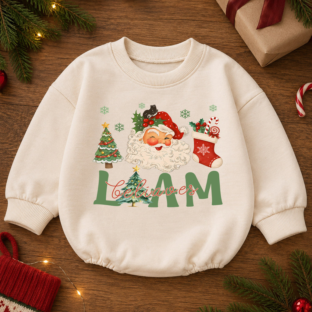 Believe in Santa Christmas Baby Romper, Vintage Santa Baby Holiday Romper, Toddler Christmas Outfit, Cute Xmas Gift — product view 2