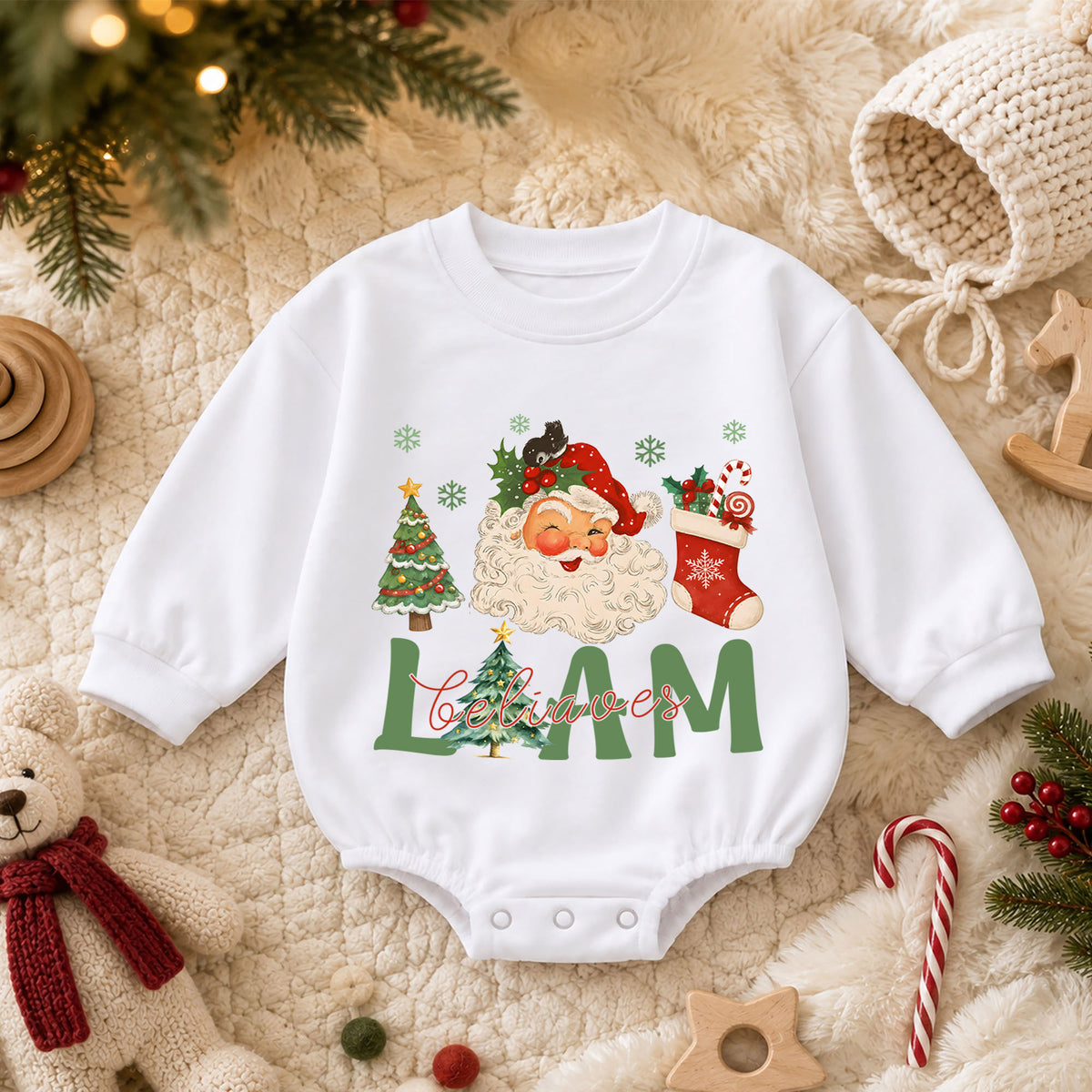Believe in Santa Christmas Baby Romper, Vintage Santa Baby Holiday Romper, Toddler Christmas Outfit, Cute Xmas Gift — product view 3