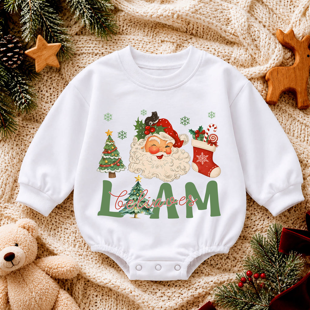 Believe in Santa Christmas Baby Romper, Vintage Santa Baby Holiday Romper, Toddler Christmas Outfit, Cute Xmas Gift — product view 4