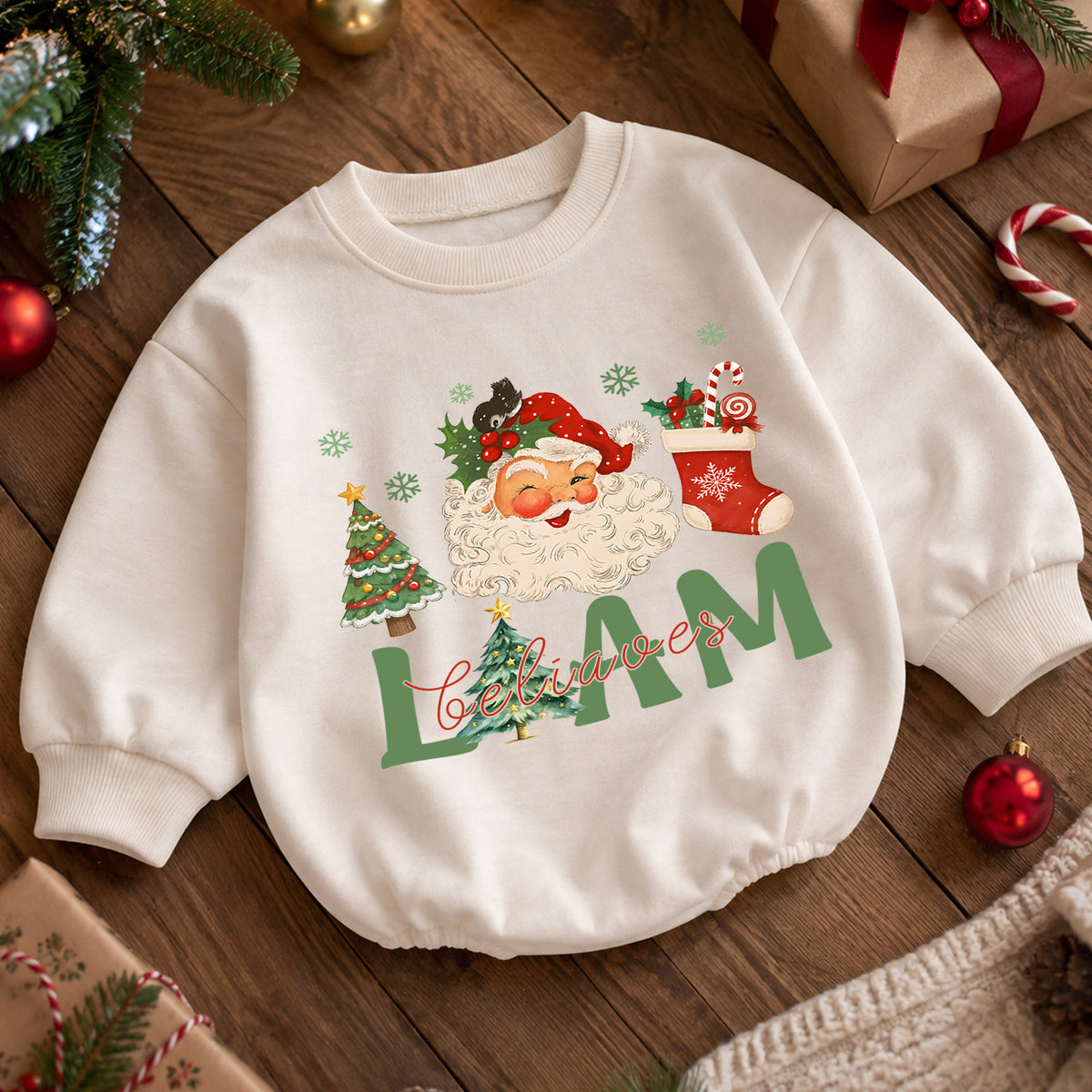 Believe in Santa Christmas Baby Romper, Vintage Santa Baby Holiday Romper, Toddler Christmas Outfit, Cute Xmas Gift — product view 5