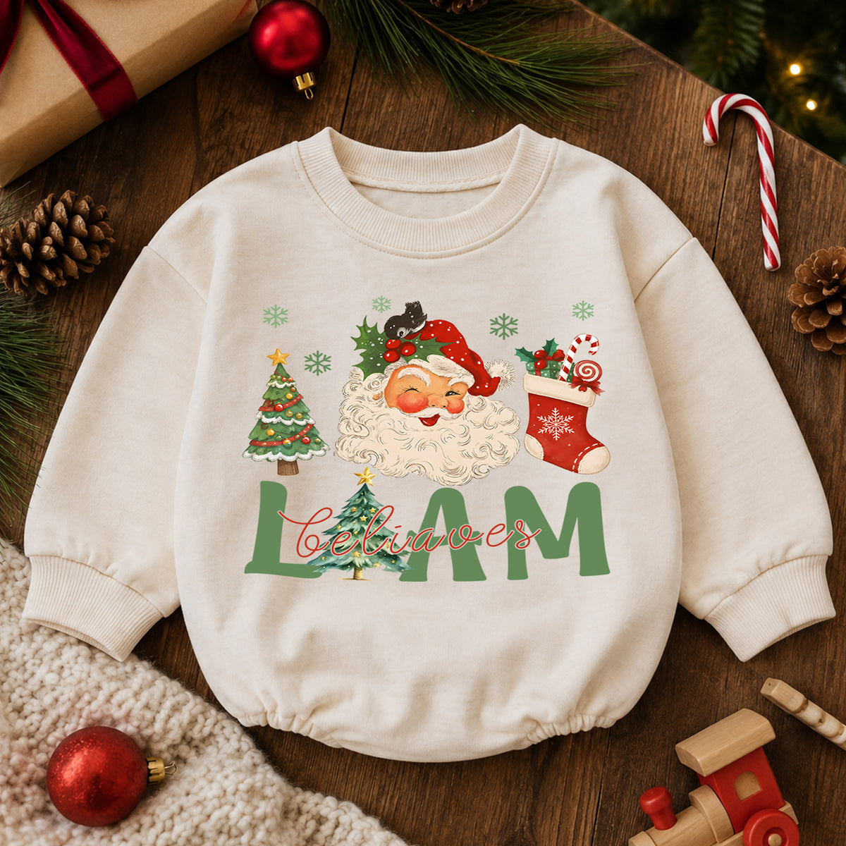 Believe in Santa Christmas Baby Romper, Vintage Santa Baby Holiday Romper, Toddler Christmas Outfit, Cute Xmas Gift — product view 6