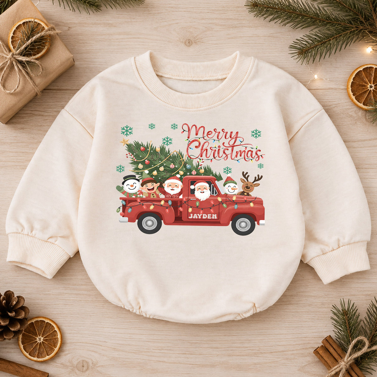 Christmas Baby Romper, Santa Truck Outfit, Holiday Red Truck Romper, Cute Baby 1st Christmas Gift — product view 1