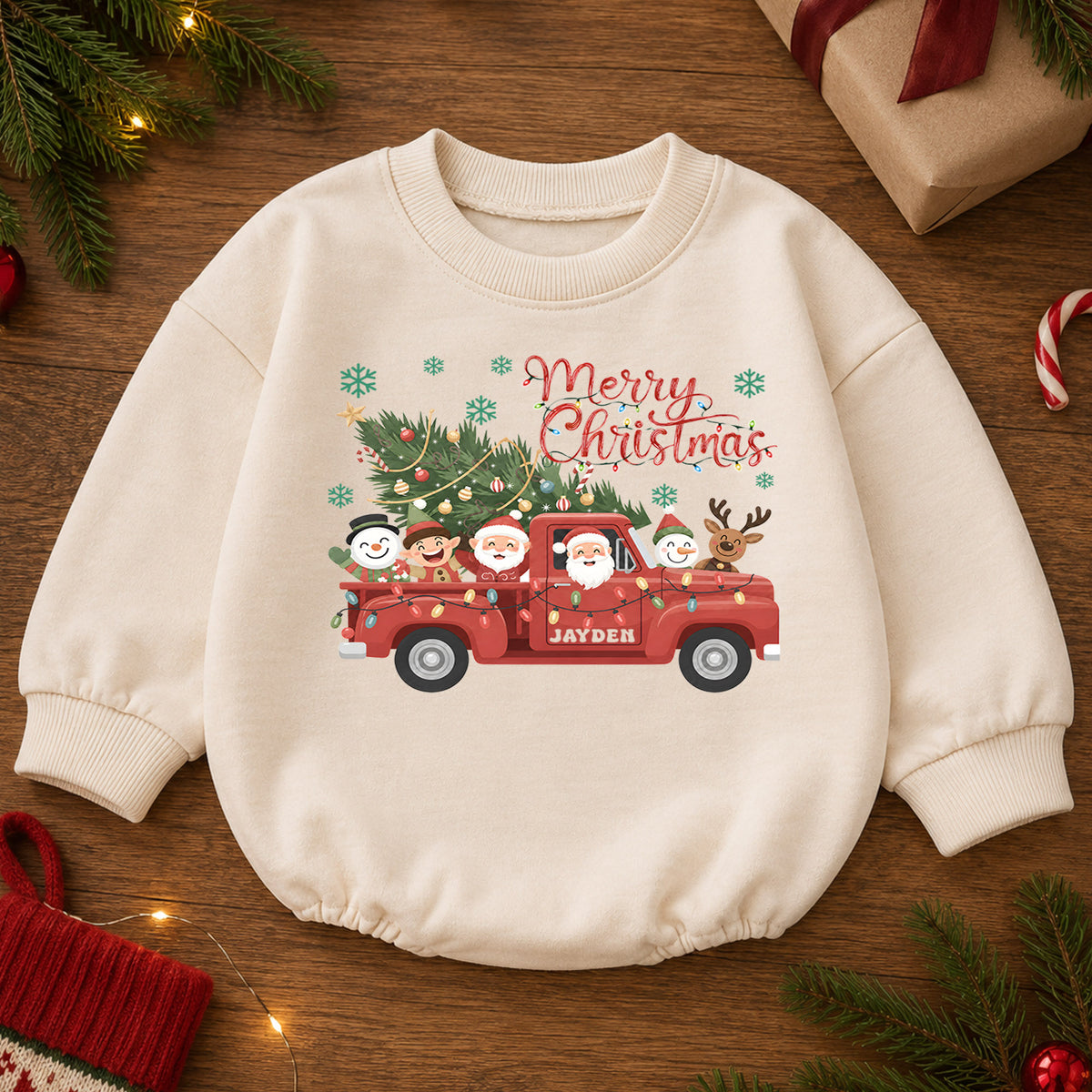 Christmas Baby Romper, Santa Truck Outfit, Holiday Red Truck Romper, Cute Baby 1st Christmas Gift — product view 2