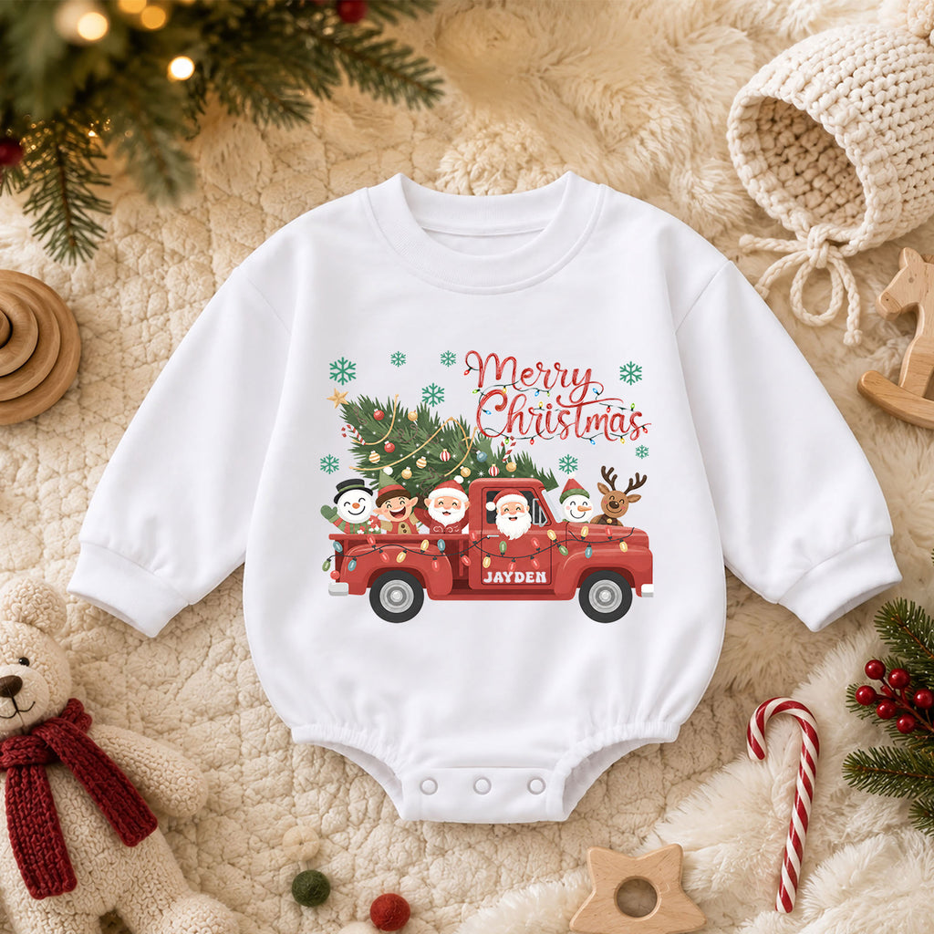 Christmas Baby Romper, Santa Truck Outfit, Holiday Red Truck Romper, Cute Baby 1st Christmas Gift — product view 3