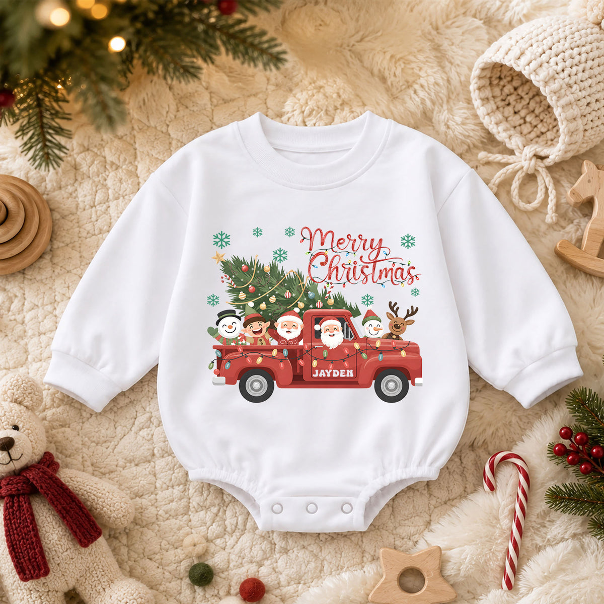 Christmas Baby Romper, Santa Truck Outfit, Holiday Red Truck Romper, Cute Baby 1st Christmas Gift — product view 3