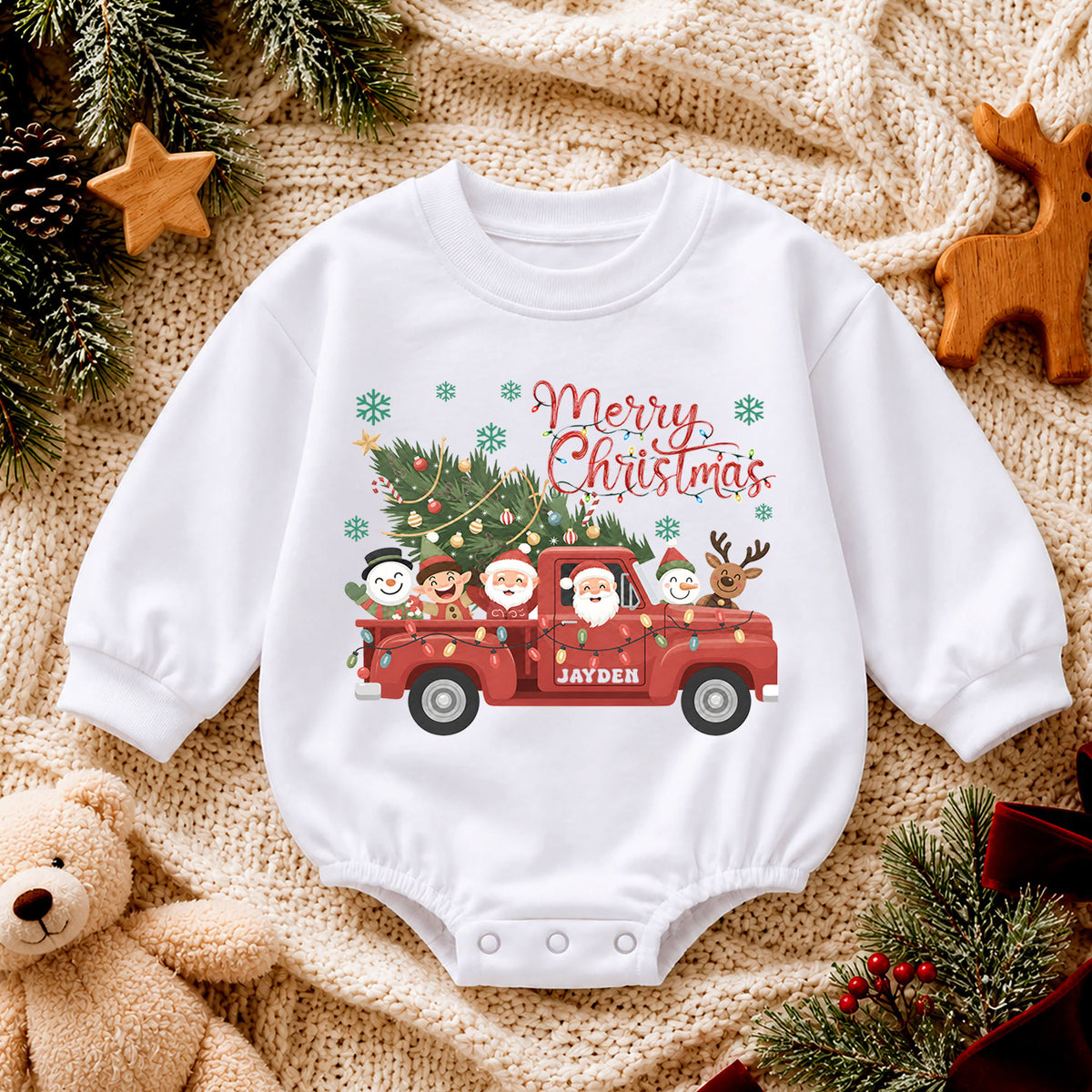 Christmas Baby Romper, Santa Truck Outfit, Holiday Red Truck Romper, Cute Baby 1st Christmas Gift — product view 4
