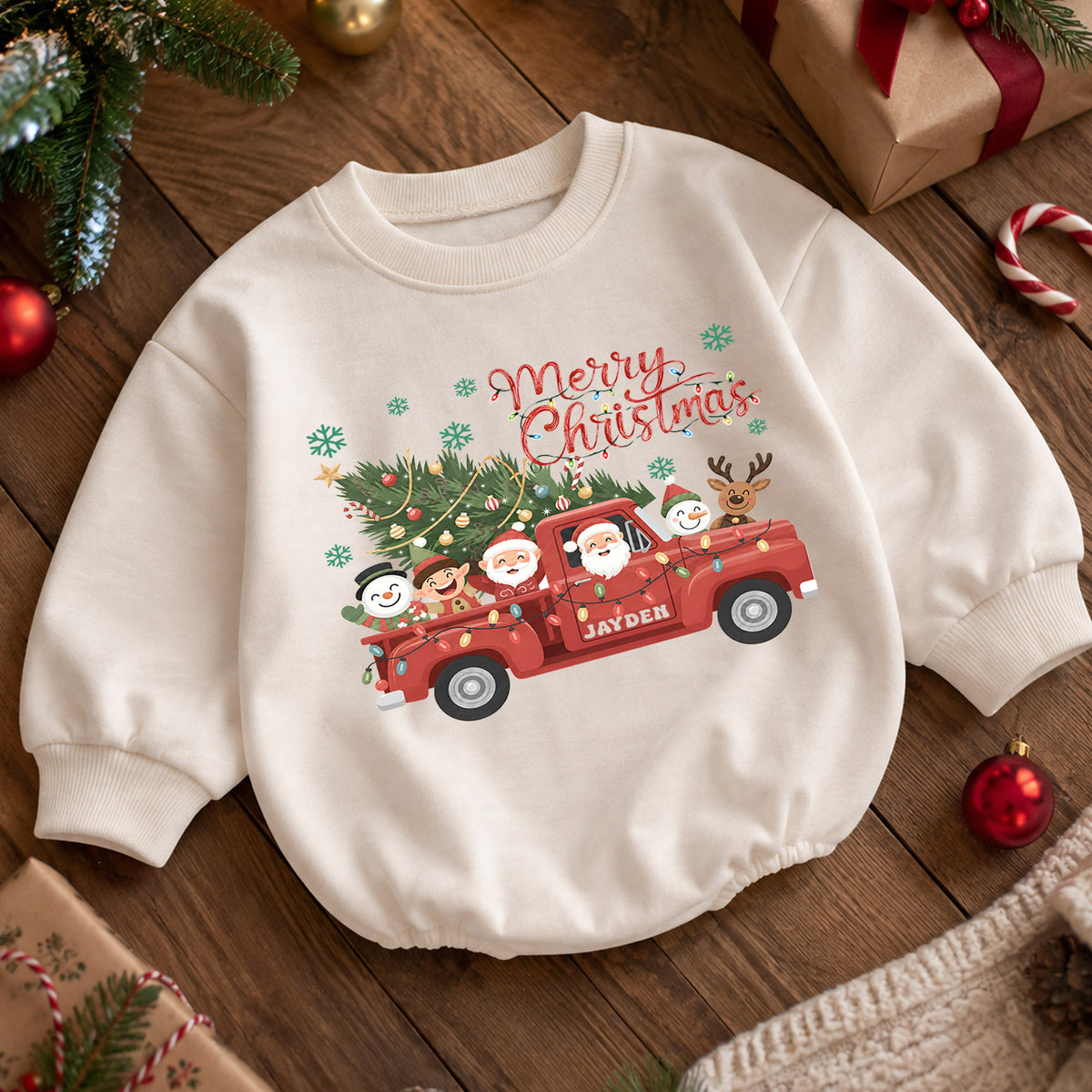 Christmas Baby Romper, Santa Truck Outfit, Holiday Red Truck Romper, Cute Baby 1st Christmas Gift — product view 5