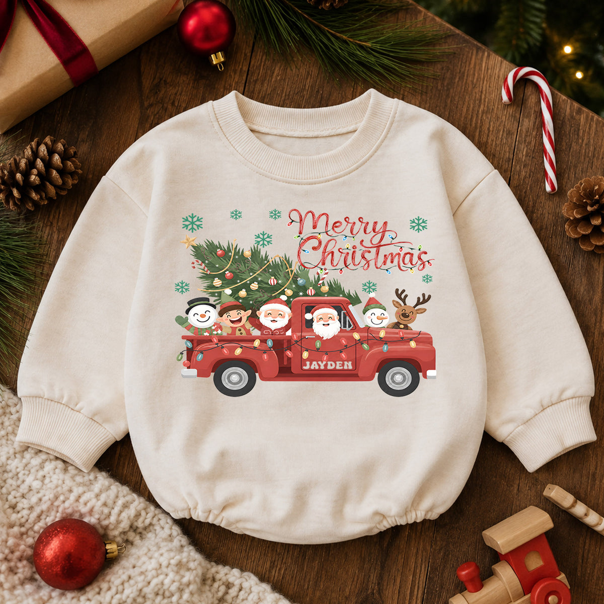 Christmas Baby Romper, Santa Truck Outfit, Holiday Red Truck Romper, Cute Baby 1st Christmas Gift — product view 6