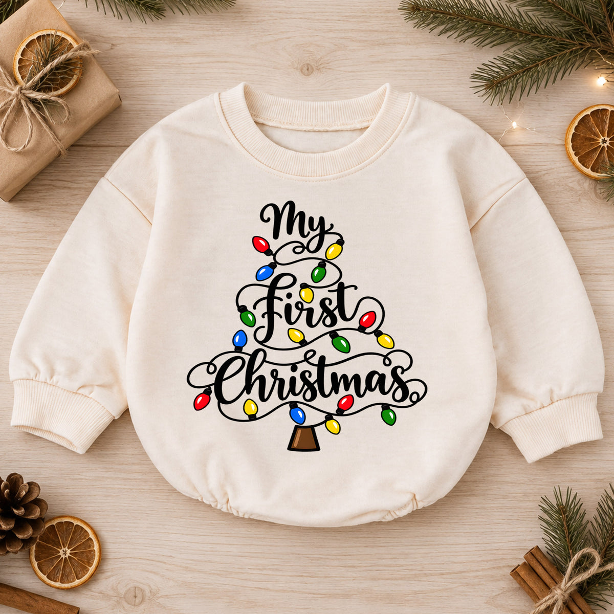 My First Christmas Baby Romper, Christmas Lights Toddler Romper, Baby First Christmas Outfit, Holiday Baby Christmas Romper — product view 1