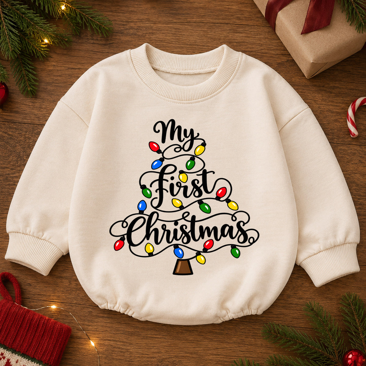 My First Christmas Baby Romper, Christmas Lights Toddler Romper, Baby First Christmas Outfit, Holiday Baby Christmas Romper — product view 2