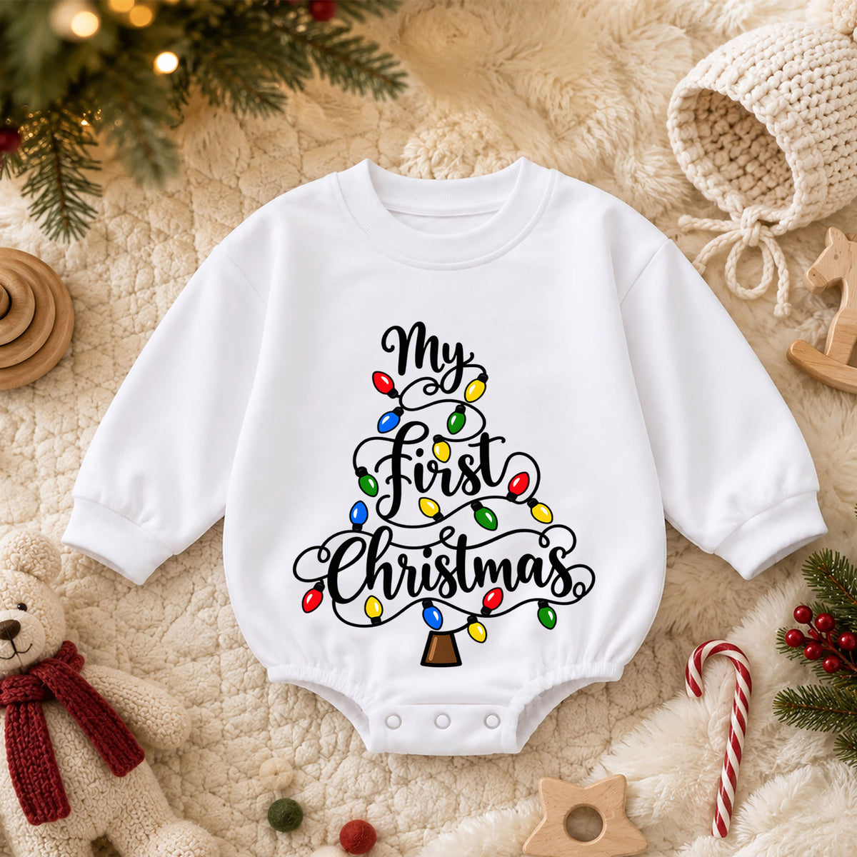 My First Christmas Baby Romper, Christmas Lights Toddler Romper, Baby First Christmas Outfit, Holiday Baby Christmas Romper — product view 3