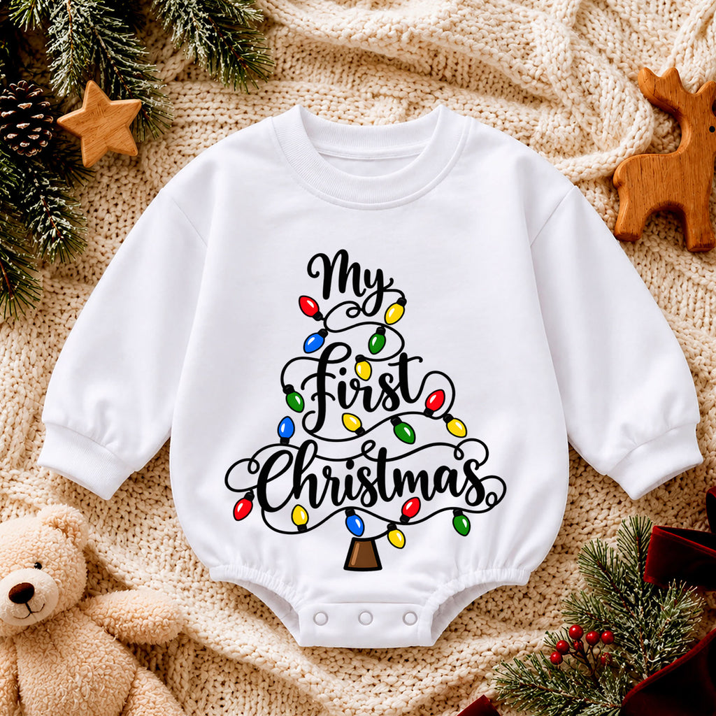 My First Christmas Baby Romper, Christmas Lights Toddler Romper, Baby First Christmas Outfit, Holiday Baby Christmas Romper — product view 4