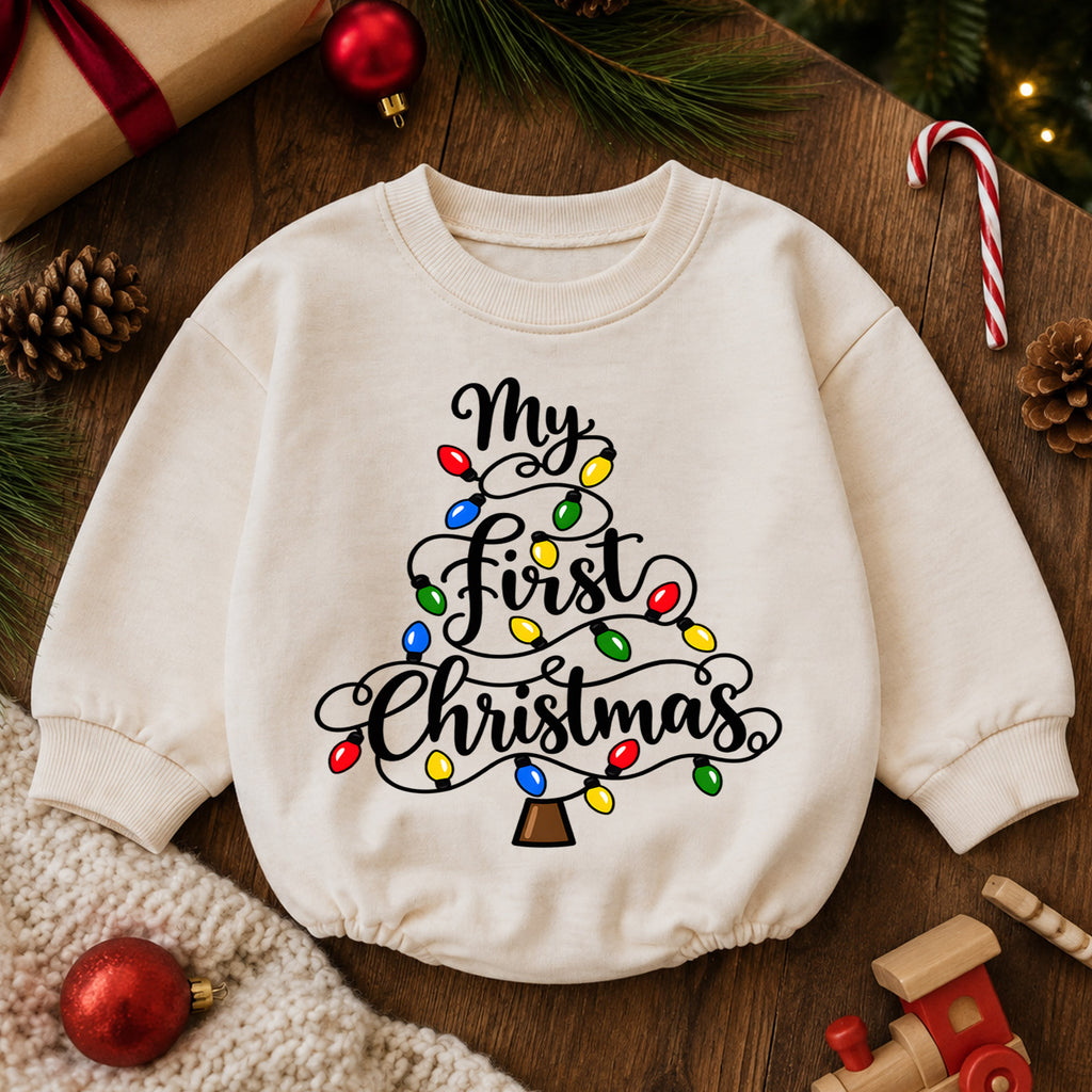 My First Christmas Baby Romper, Christmas Lights Toddler Romper, Baby First Christmas Outfit, Holiday Baby Christmas Romper — product view 6