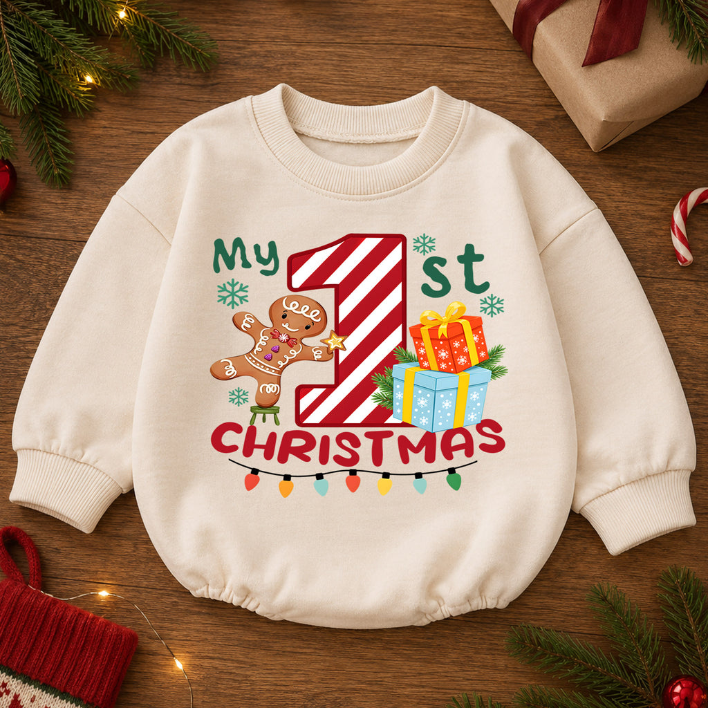 My 1st Christmas Baby Romper, First Christmas Toddler Outfit, Candy Cane Number 1 Christmas Romper, Baby Holiday Romper — product view 2