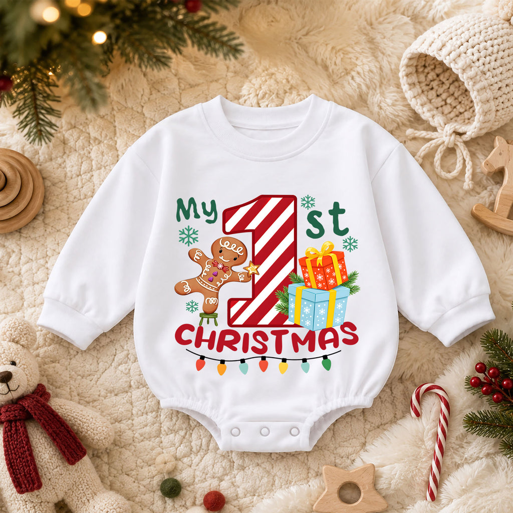 My 1st Christmas Baby Romper, First Christmas Toddler Outfit, Candy Cane Number 1 Christmas Romper, Baby Holiday Romper — product view 3