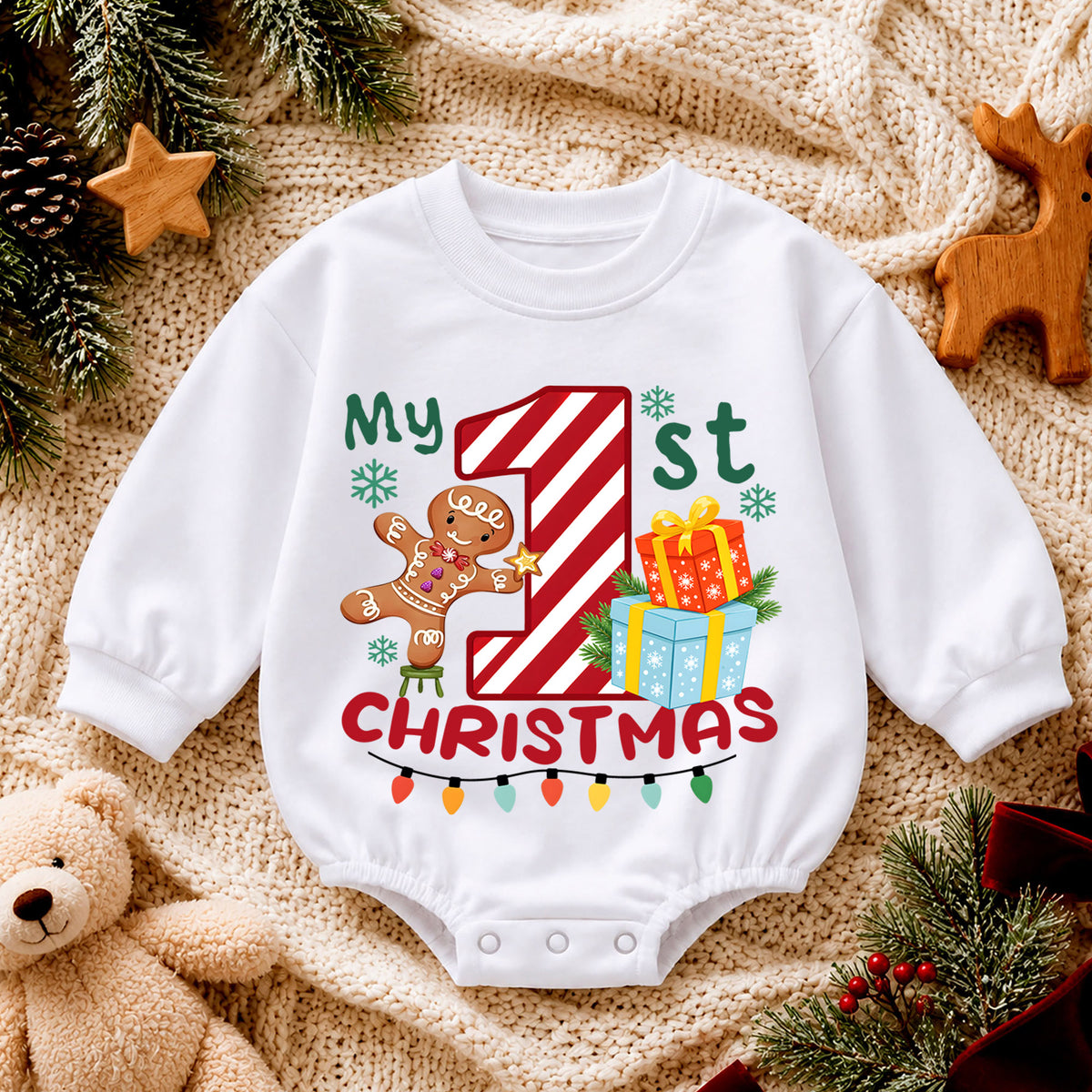 My 1st Christmas Baby Romper, First Christmas Toddler Outfit, Candy Cane Number 1 Christmas Romper, Baby Holiday Romper — product view 4