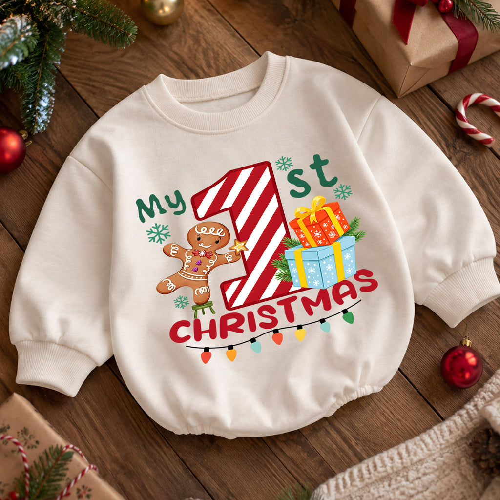 My 1st Christmas Baby Romper, First Christmas Toddler Outfit, Candy Cane Number 1 Christmas Romper, Baby Holiday Romper — product view 5
