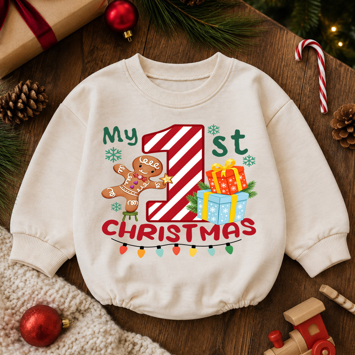 My 1st Christmas Baby Romper, First Christmas Toddler Outfit, Candy Cane Number 1 Christmas Romper, Baby Holiday Romper — product view 6