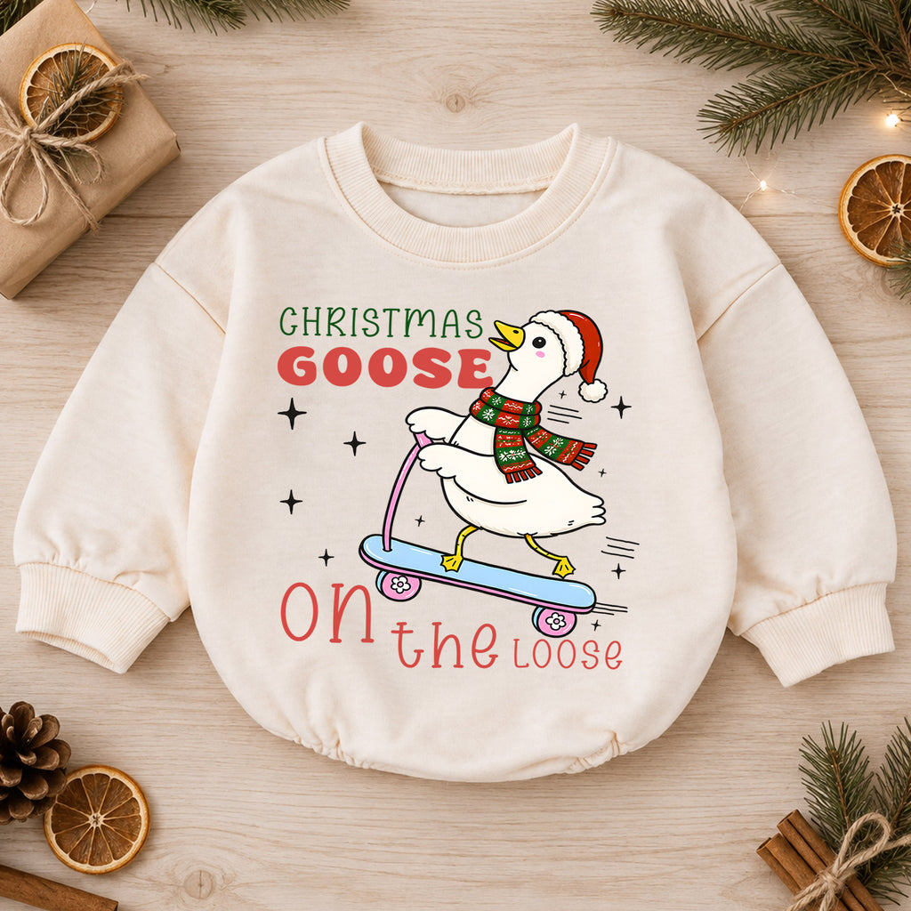 Christmas Goose Baby Romper, Goose on the Loose Skateboard Outfit, Funny Holiday Romper, Cute Toddler 1st Christmas Gift — product view 1