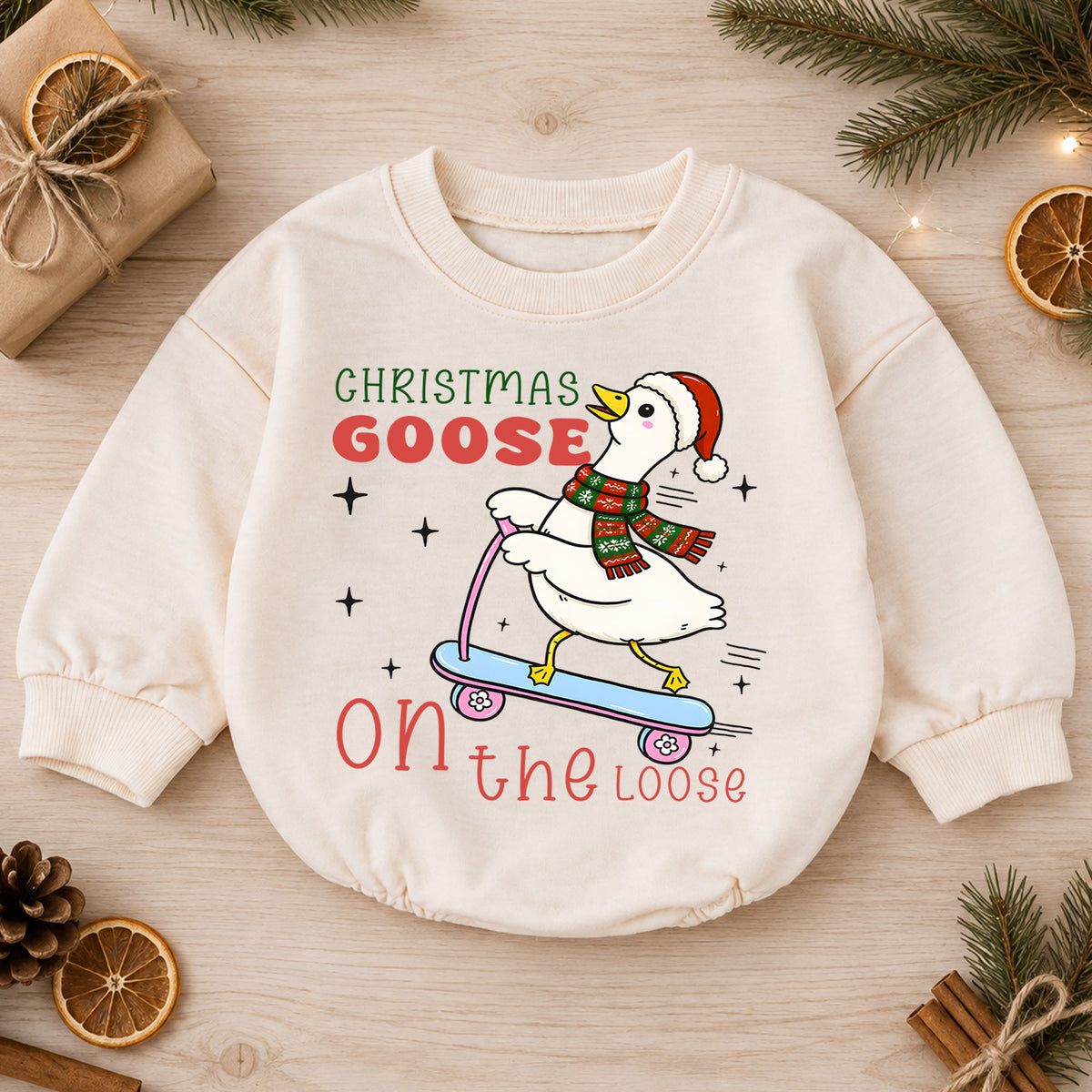 Christmas Goose Baby Romper, Goose on the Loose Skateboard Outfit, Funny Holiday Romper, Cute Toddler 1st Christmas Gift — product view 1