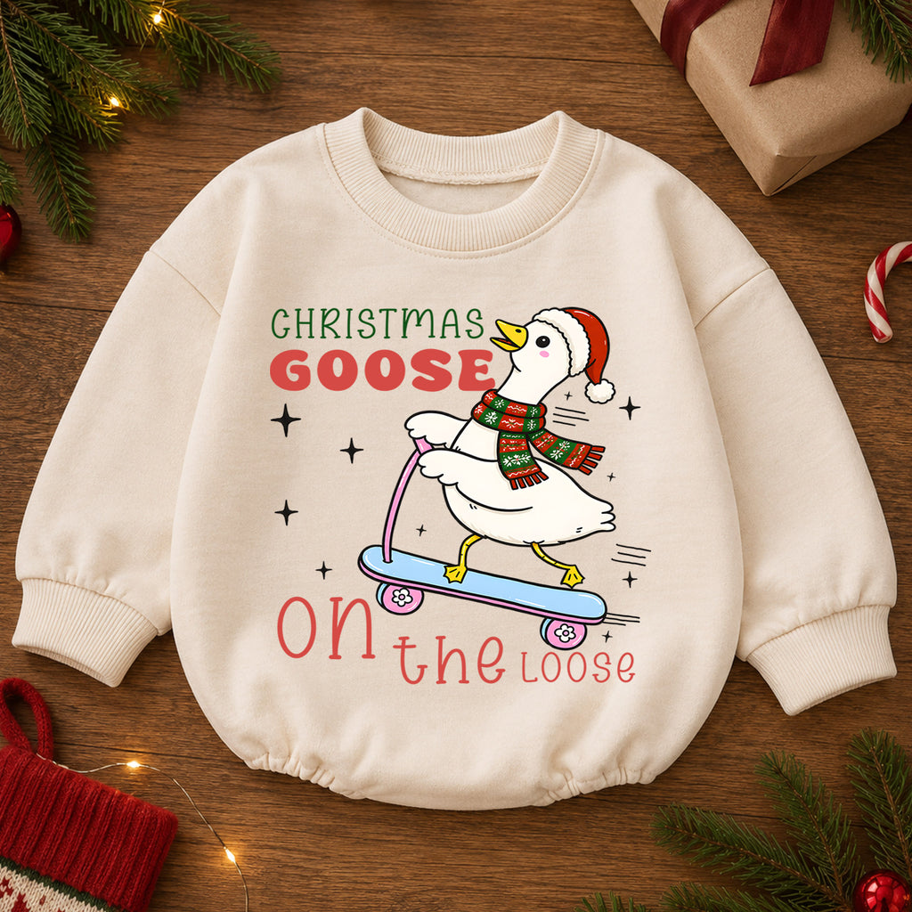 Christmas Goose Baby Romper, Goose on the Loose Skateboard Outfit, Funny Holiday Romper, Cute Toddler 1st Christmas Gift — product view 2