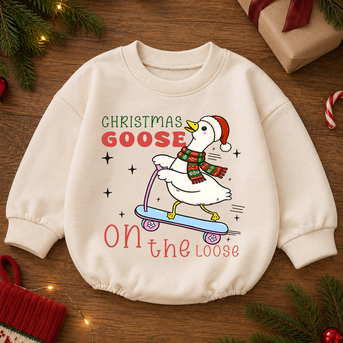 Christmas Goose Baby Romper, Goose on the Loose Skateboard Outfit, Funny Holiday Romper, Cute Toddler 1st Christmas Gift — product view 2