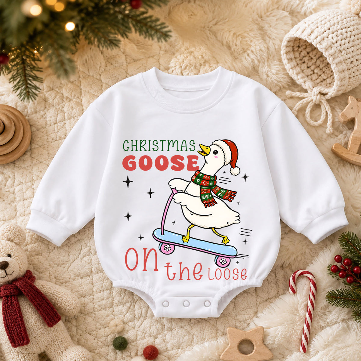 Christmas Goose Baby Romper, Goose on the Loose Skateboard Outfit, Funny Holiday Romper, Cute Toddler 1st Christmas Gift — product view 3
