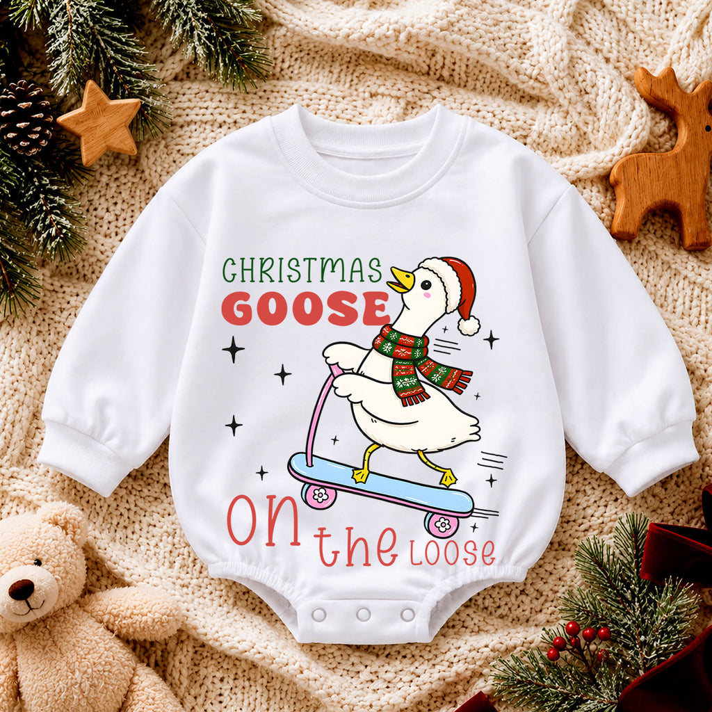 Christmas Goose Baby Romper, Goose on the Loose Skateboard Outfit, Funny Holiday Romper, Cute Toddler 1st Christmas Gift — product view 4