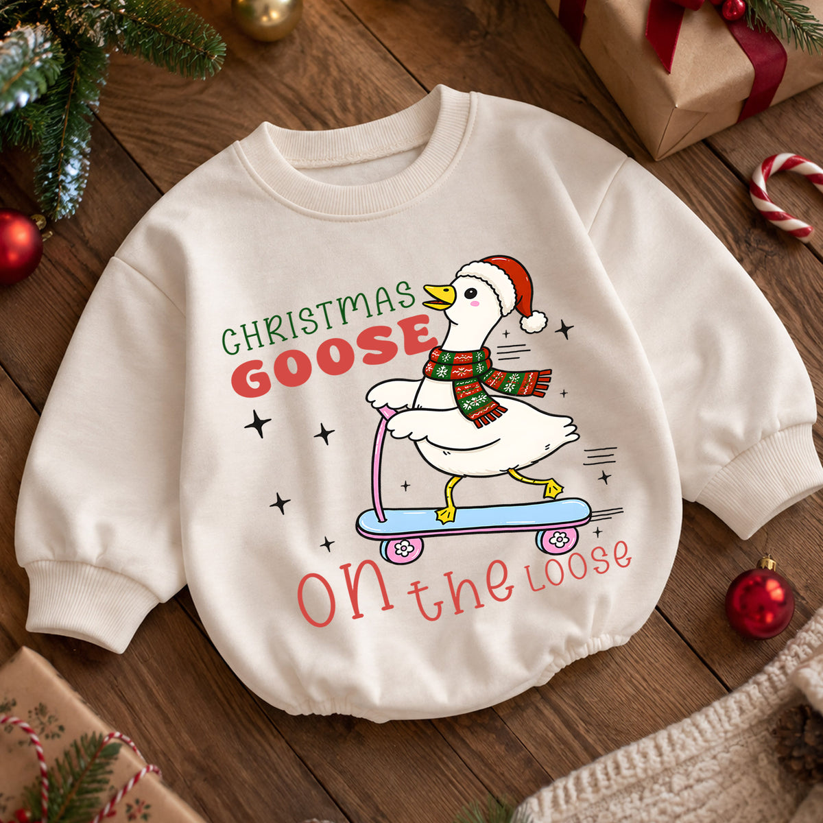 Christmas Goose Baby Romper, Goose on the Loose Skateboard Outfit, Funny Holiday Romper, Cute Toddler 1st Christmas Gift — product view 5