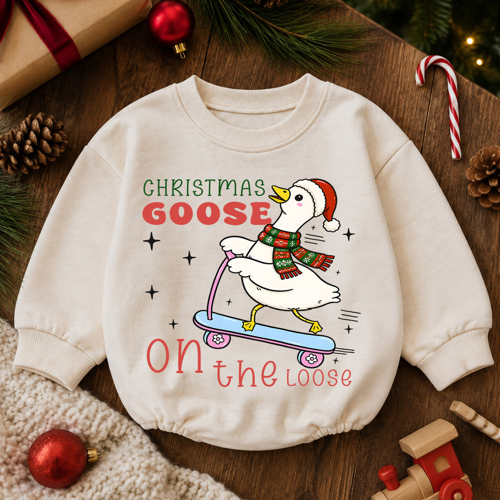 Christmas Goose Baby Romper, Goose on the Loose Skateboard Outfit, Funny Holiday Romper, Cute Toddler 1st Christmas Gift — product view 6
