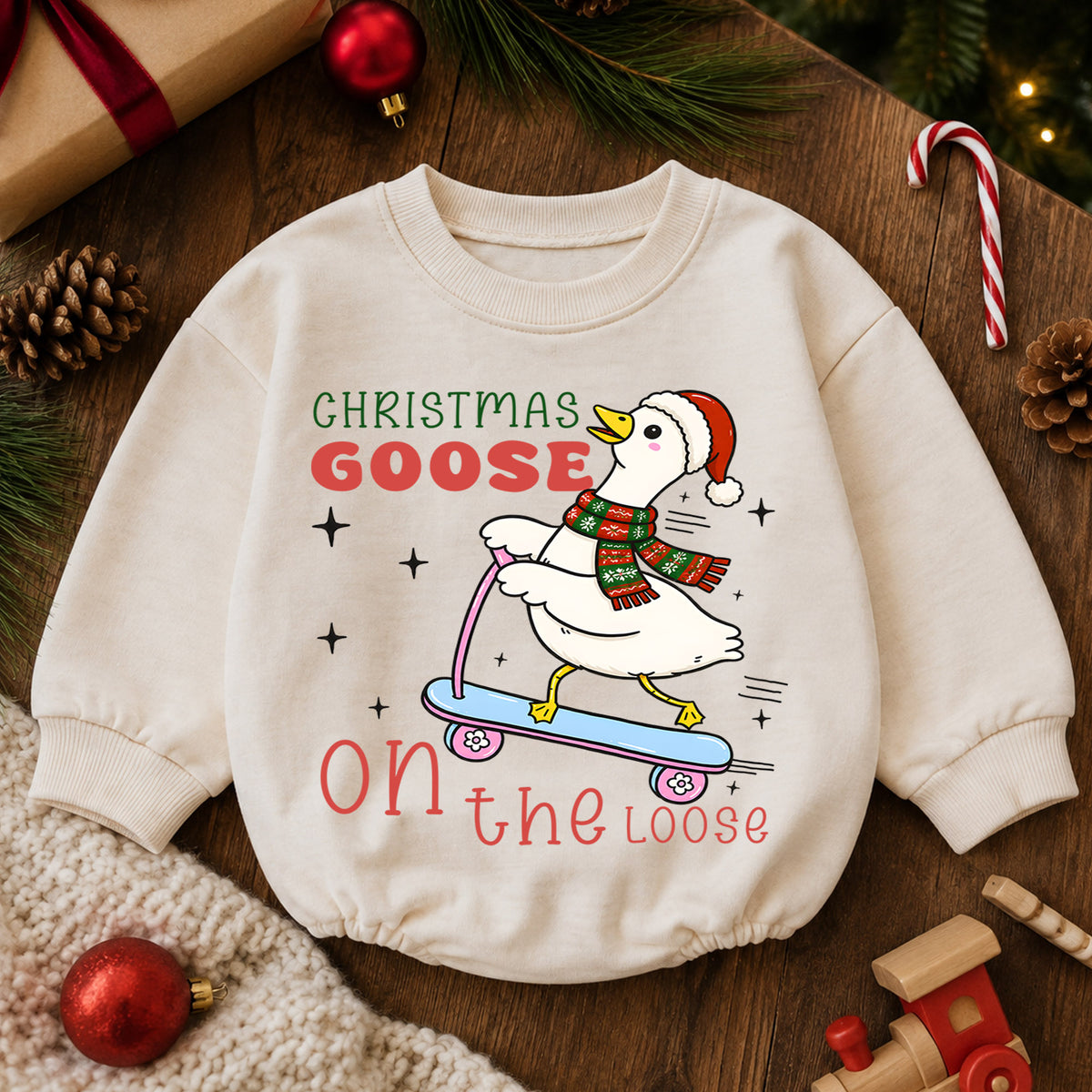 Christmas Goose Baby Romper, Goose on the Loose Skateboard Outfit, Funny Holiday Romper, Cute Toddler 1st Christmas Gift — product view 6